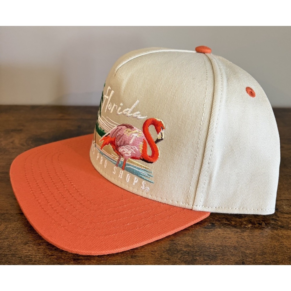 Bass Pro Shops Florida Flamingo Flat Bill Hat SnapBack White and Orange - Picture 3 of 10